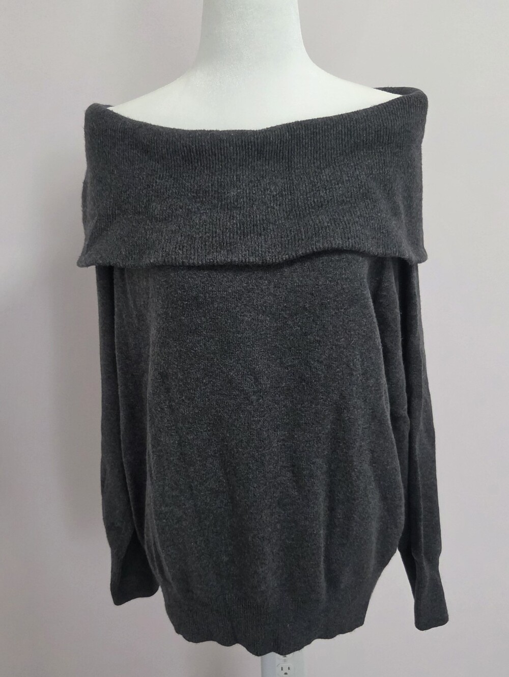 Pure Jill Gray Off The Shoulder Foldover Minimalist Quiet Luxury Cozy Sweater M